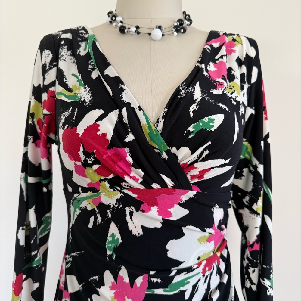 Lauren Ralph Lauren Floral Faux Wrap Dress Size 4 Black Pink Sheath Knee Length
